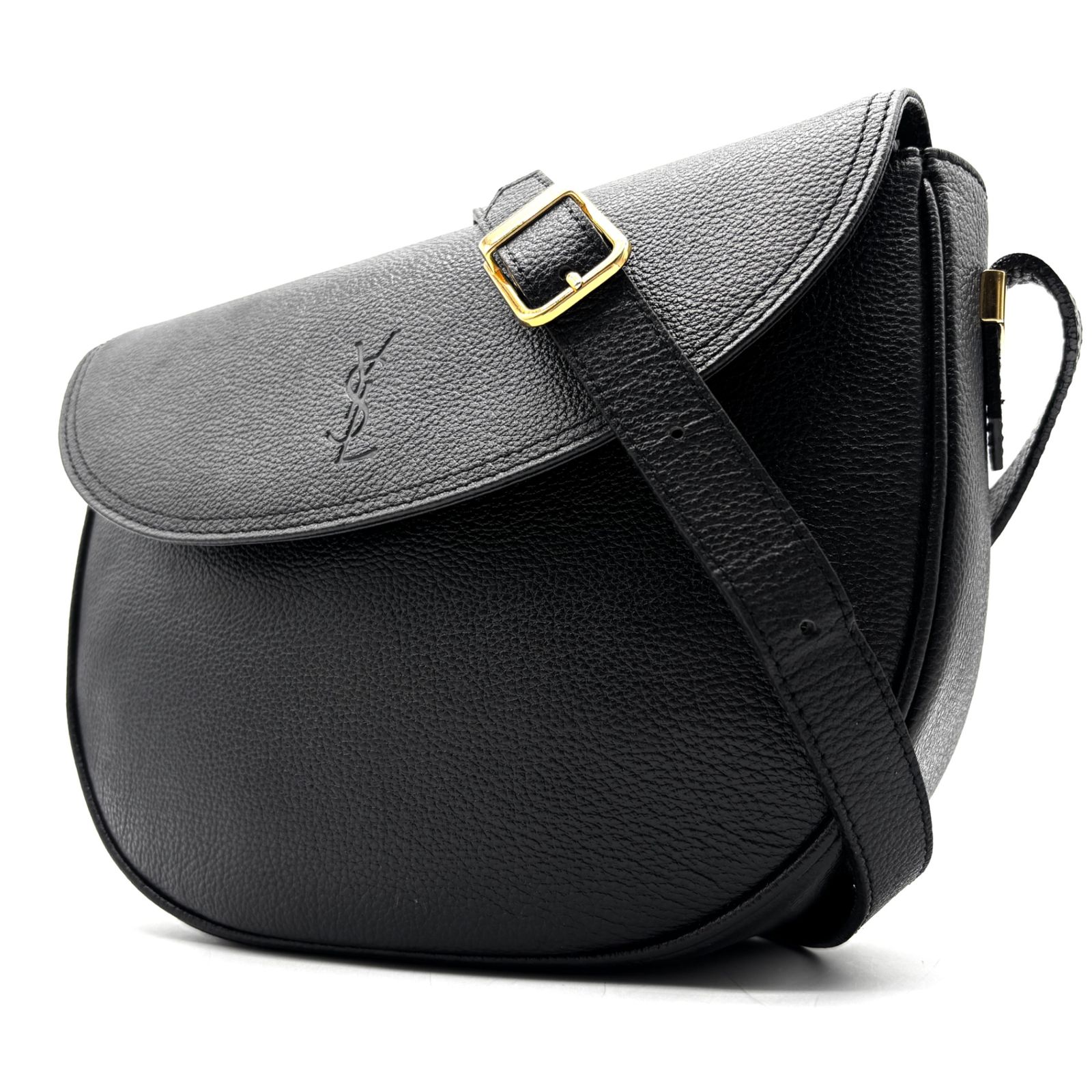 YVES SAINT LAURENT イヴサンローラン カサンドラロゴ ステッチ ハーフムーン ショルダーバッグ ポシェット レザー ブラック 黒 斜め掛け フラップ ゴールド金具 ヴィンテージ オールド レディース カバン 鞄 YVES SAINT LAURENT イヴサンローラン カサンドラロゴ ステッチ ハーフ