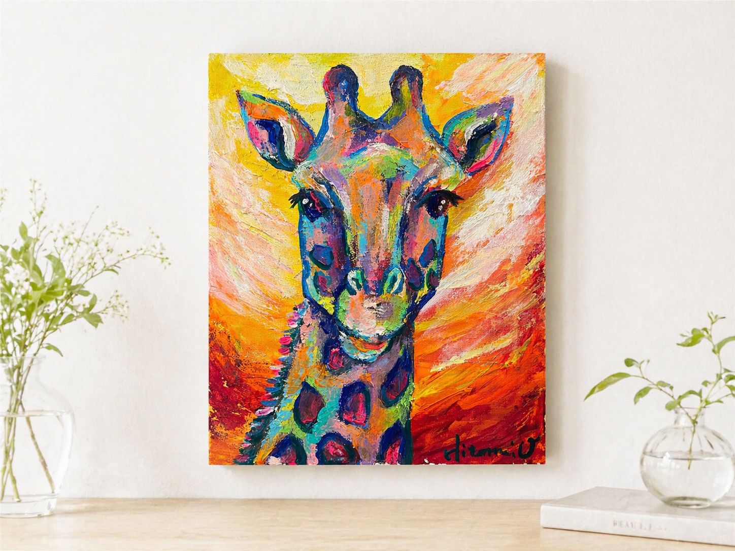 【原画】アクリル画 F3号 カラフルなキリン/現代アート キャンバス/インテリア F3号キャンバス☆絵画原画 現代アート アート キリン 動物画 作品証明