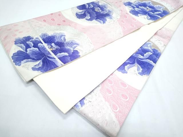 6k128 袋帯　絹　唐織　正倉院文様　華文　銀色　白　ピンク　紫　花柄　和装 平和屋着物◎六通柄袋帯 唐織 孔雀羽花文 金銀糸 正絹 逸品 CABF7954th