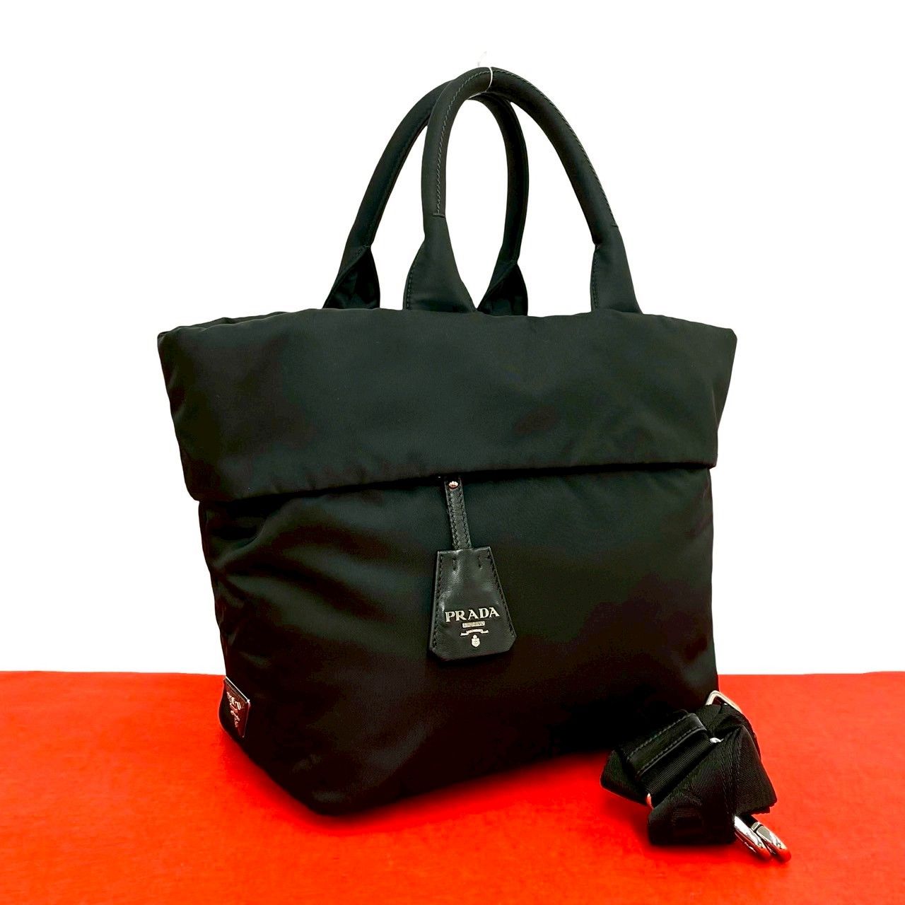 ほぼ未使用 PRADA プラダ 三角ロゴ 金具 ナイロン レザー 本革