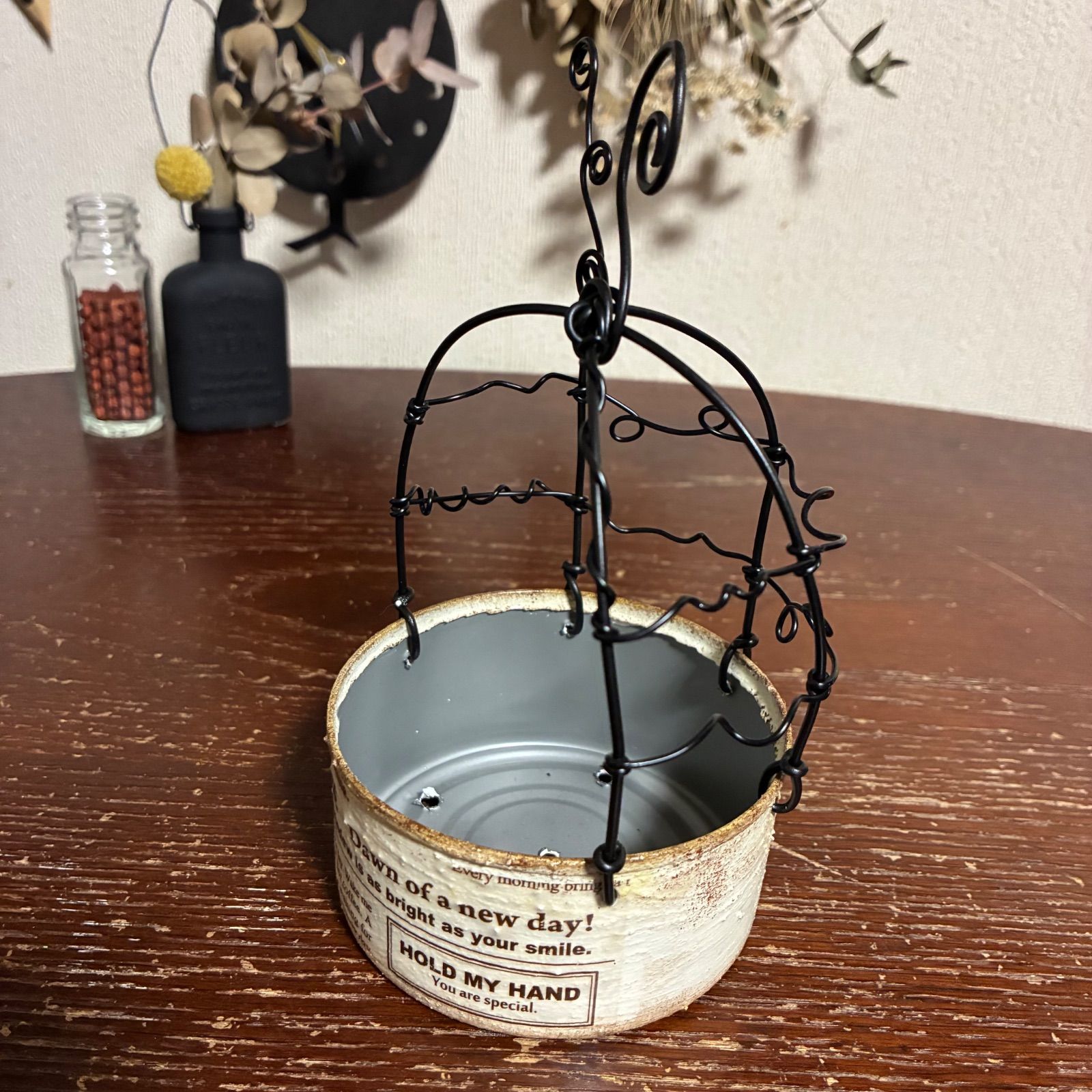 鳥かご風リメイク缶 大 (アイボリーホワイト) ハンドメイド ＊ 吊り