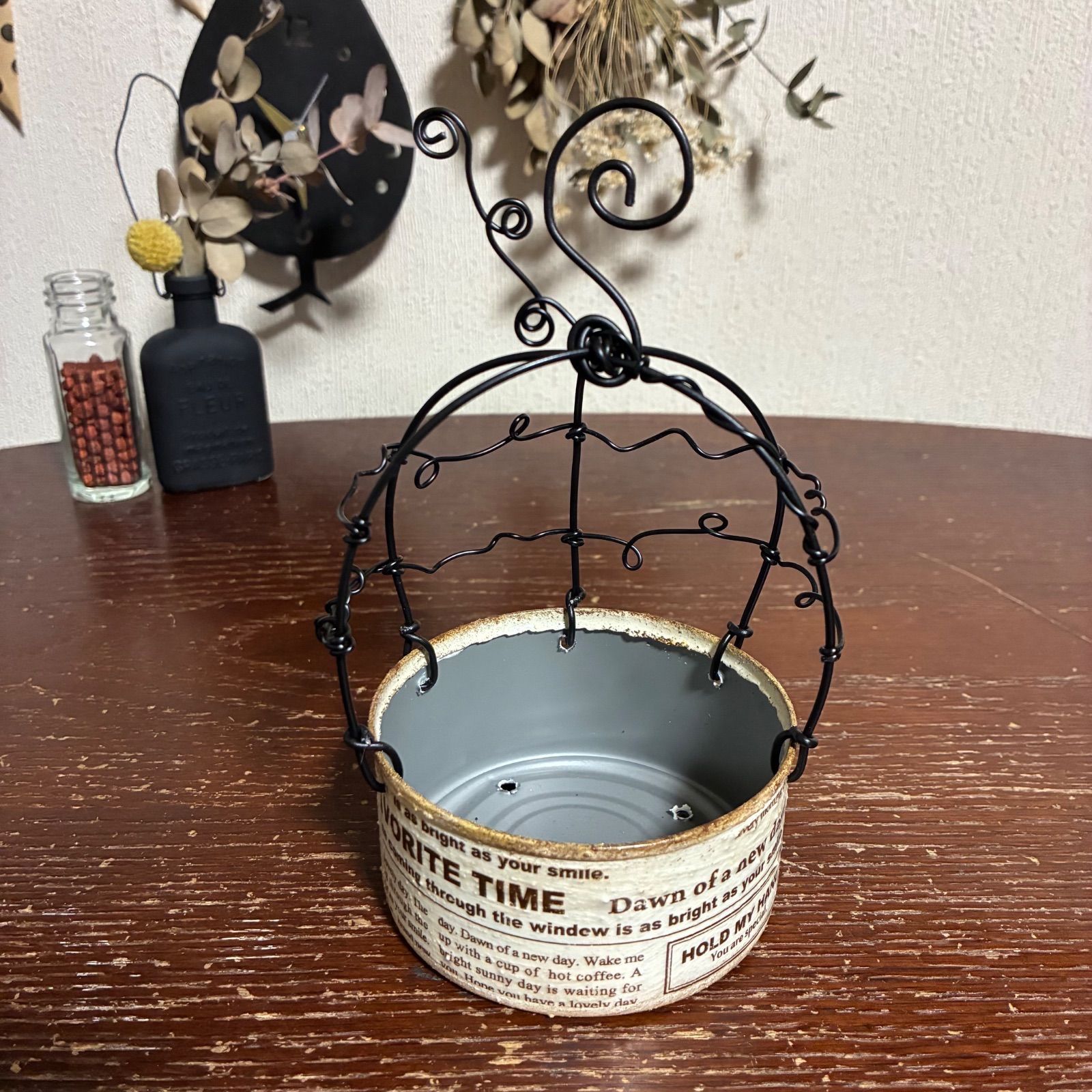 鳥かご風リメイク缶 大 (アイボリーホワイト) ハンドメイド ＊ 吊り