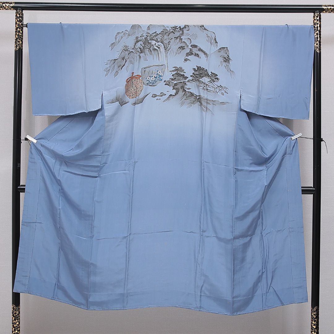 長襦袢 男性用 無双袖 身丈144cm 裄丈69cm 正絹 Cランク Lサイズ 茶道具 山水 水色系 RP 1241-16722