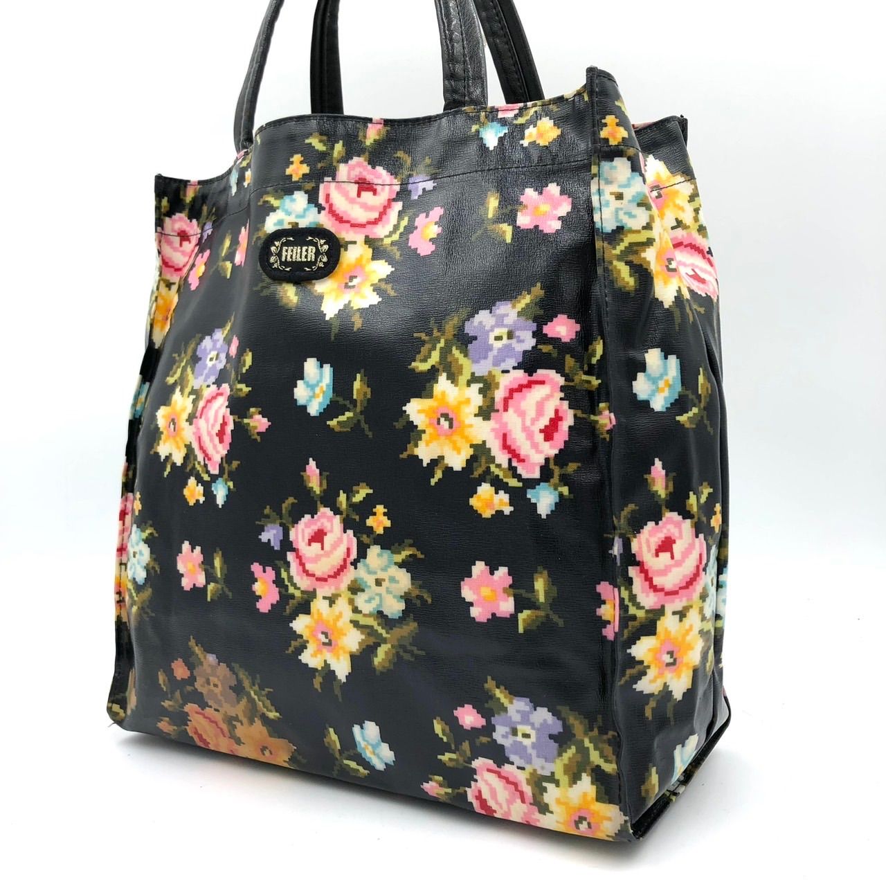 中古】FEILER(フェイラー) トートバッグ 花柄 黒×マルチ FEILER 