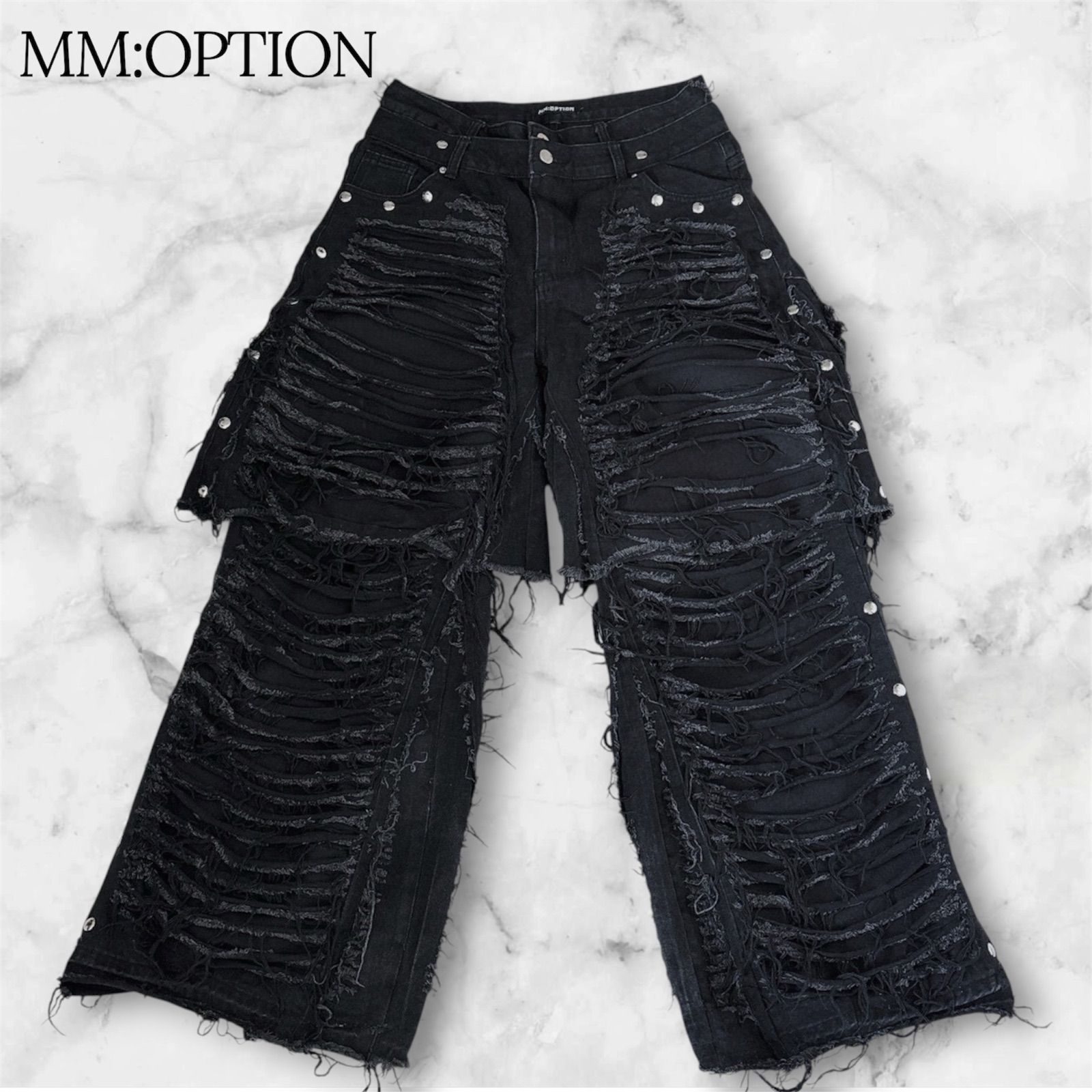 MM:OPTION ミリオプション デストロイ クラッシュ ワイド バギー スタッズ レイヤード デニムパンツ ジーンズ ブラック 黒 袴 Y2K グランジ パンク かっこいい B1134