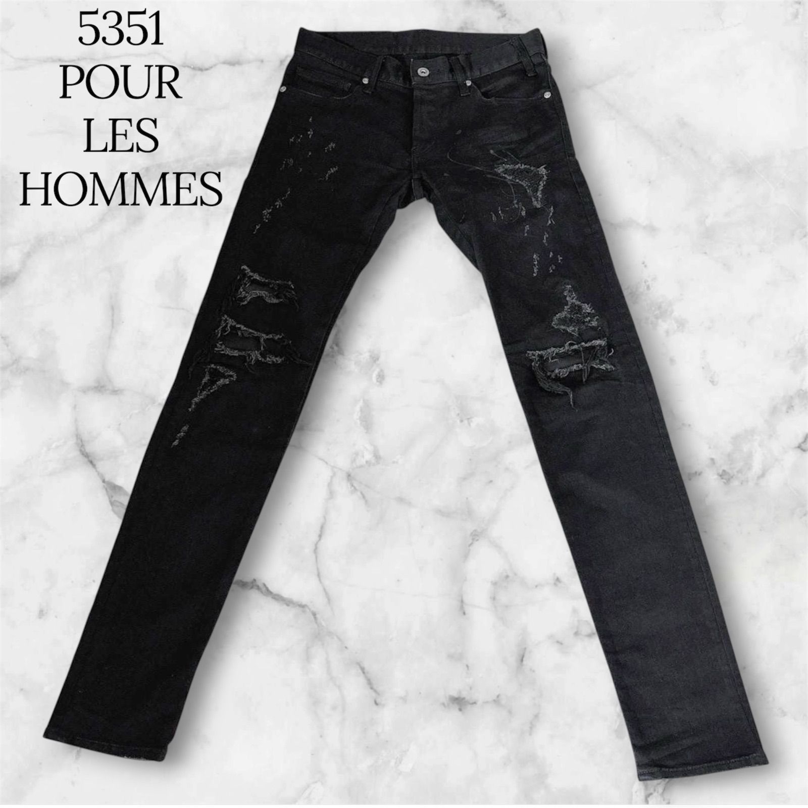 5351POUR LES HOMMES ゴーサンゴーイチ クラッシュ ダメージ スキニー デニム パンツ 44 ブラック 黒 レザーパッチ スリム 日本製 02350050031 Y2K アーカイブ グランジ お兄系 ロック パンク モード B1147
