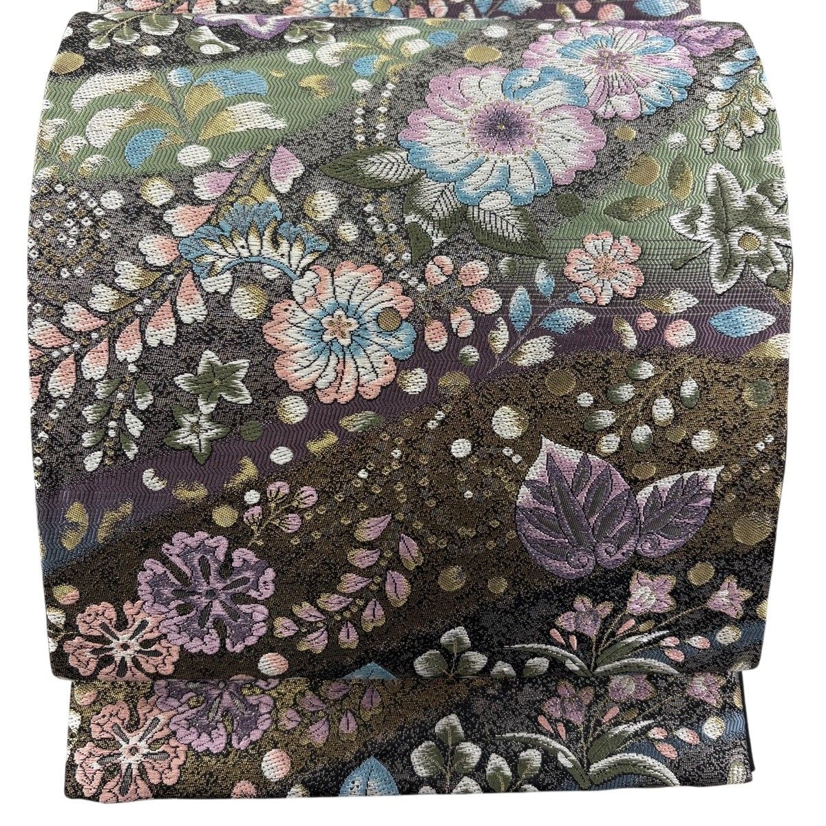 袋帯 美品 秀品 落款 紬地 草花 金彩 紫 お太鼓柄 正絹 【中古】 袋帯 