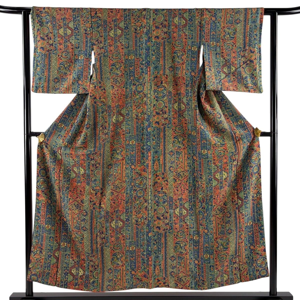 美品】小紋 辻ヶ花 草花 着物 袷 正絹 身丈153 裄61 モスグリーン