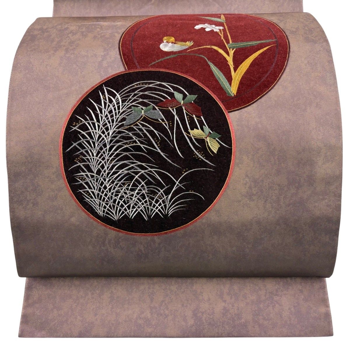 袋帯 美品 秀品 草花 鳥 箔 螺鈿 茶色 お太鼓柄 正絹 【中古 