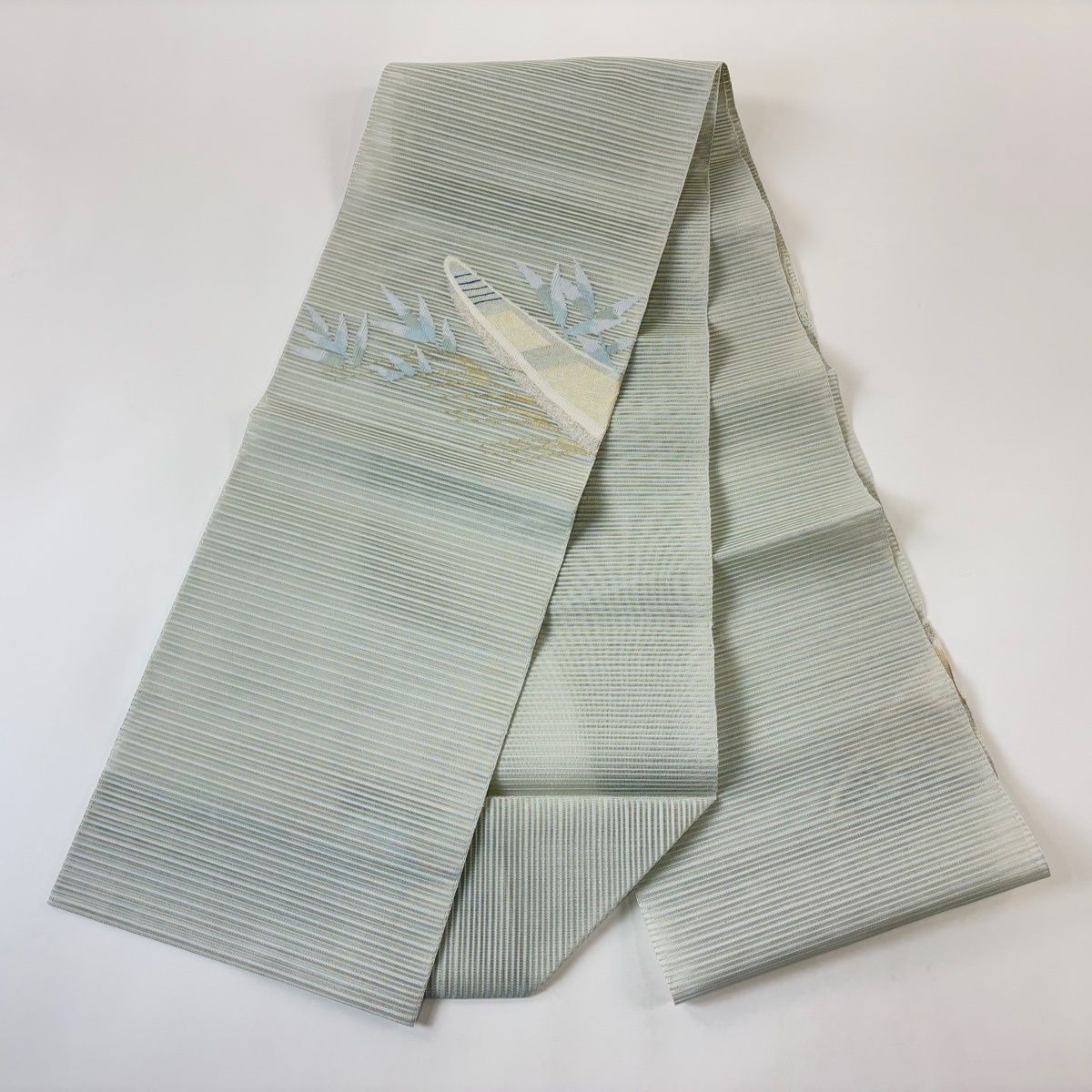 美品】 名古屋帯 秀品 夏帯 絽 舟 葉柄 金銀糸 灰緑 正絹 【中古