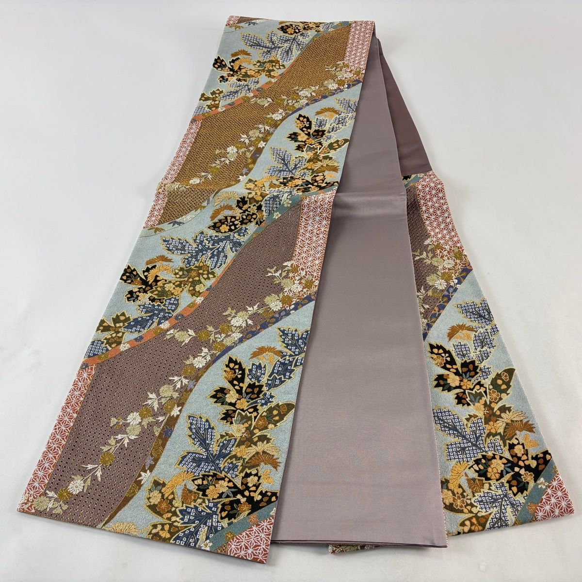 美品】 袋帯 逸品 菊 萩 刺繍 金糸 灰紫 六通 正絹 【中古】 - メルカリ