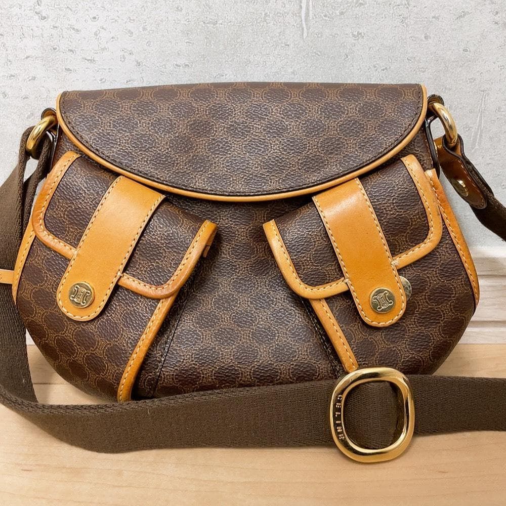 CELINE セリーヌ マカダム ショルダー バッグ PVC レザー ブラウン