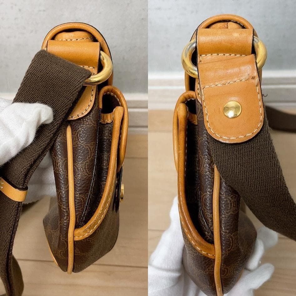 CELINE セリーヌ マカダム ショルダー バッグ PVC レザー ブラウン 