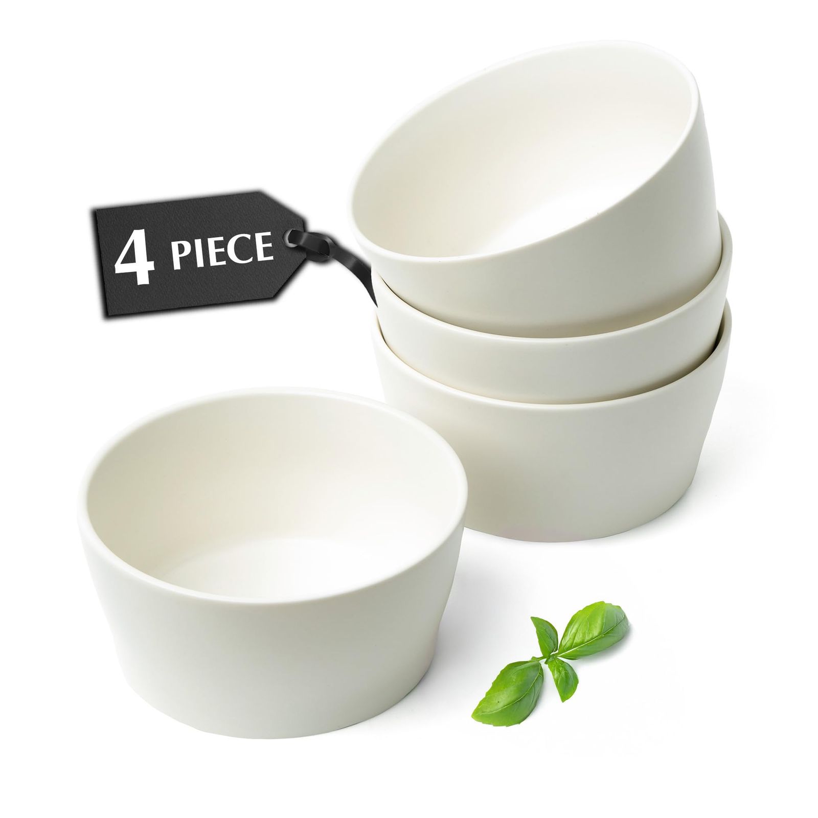 新品 MIAMIO セラミックボウルセット / 4人用740mlボウル、シリアル、ラーメン、スープボウル、サラダボウル 食器洗い機および電子レンジ対応 ラグジュアリーコレクション (ホワイト ボウル (4x))