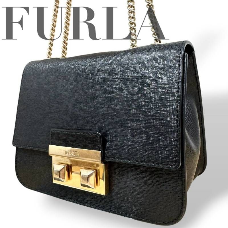 FURLA ハンドバッグ ゴールド金具 FURLA フルラ☆ショルダーバッグ 斜め掛け 肩掛け ブラック レザー