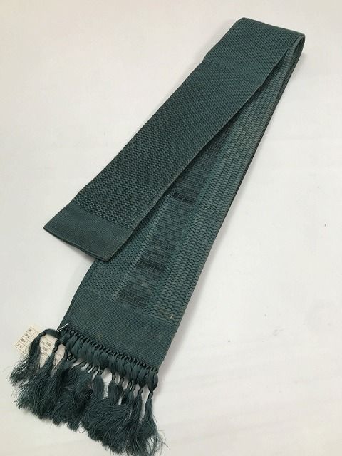 【中古】角帯 男物 正絹 青緑地に格子文様
