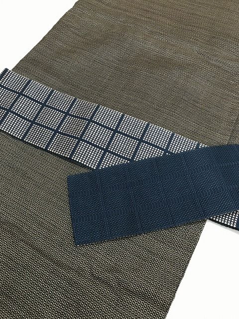【中古】 角帯 男物 正絹 濃紺地に格子文様 リバーシブル