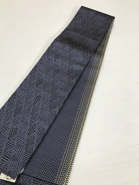 【中古】 角帯 男物 正絹 紅碧地に籠目文様 本場筑前博多織 リバーシブル