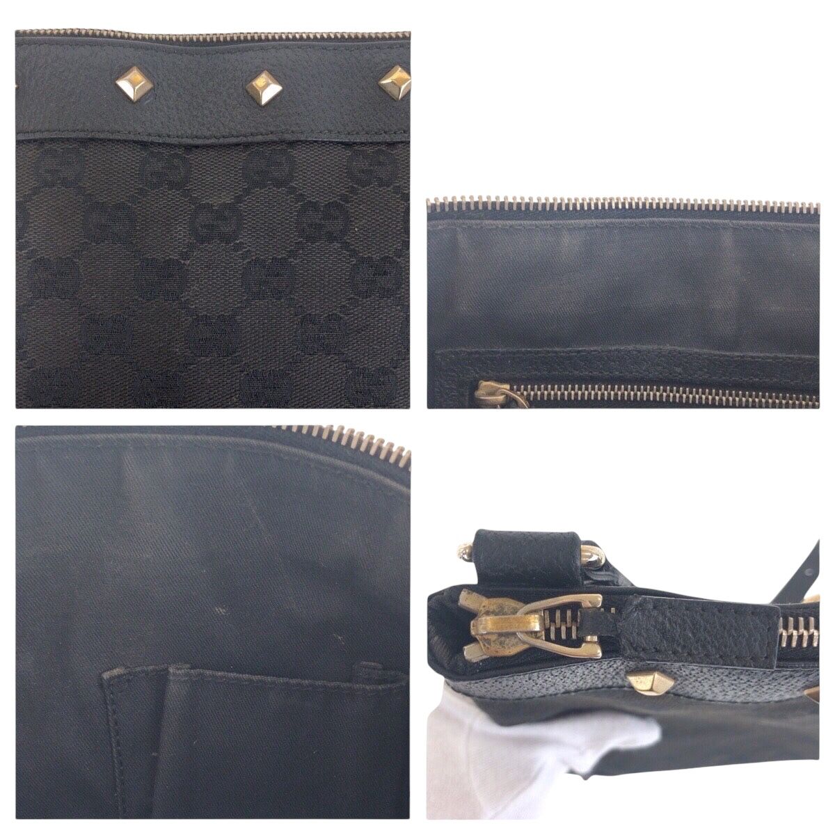 GUCCI グッチ スタッズ ブラック 黒 ゴールド金具 GGキャンバス /レザー 120893 ショルダーバッグ ポシェット レディース 602346 【中古】 GUCCI グッチ スタッズ ブラック 黒 ゴールド金具 GGキャンバス/レザー
