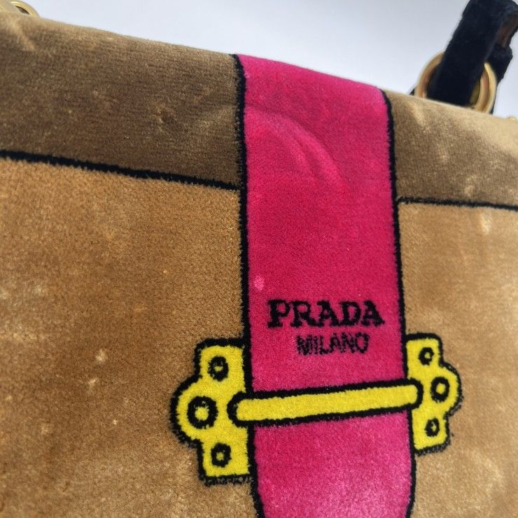 PRADA（プラダ）カイエ チェーンショルダーバッグ ベルベット ブラウン ピンク 金具 ゴールド レディース 斜め掛け イタリア製【中古】 PRADA（プラダ）カイエ チェーンショルダーバッグ ベルベット ブラウン