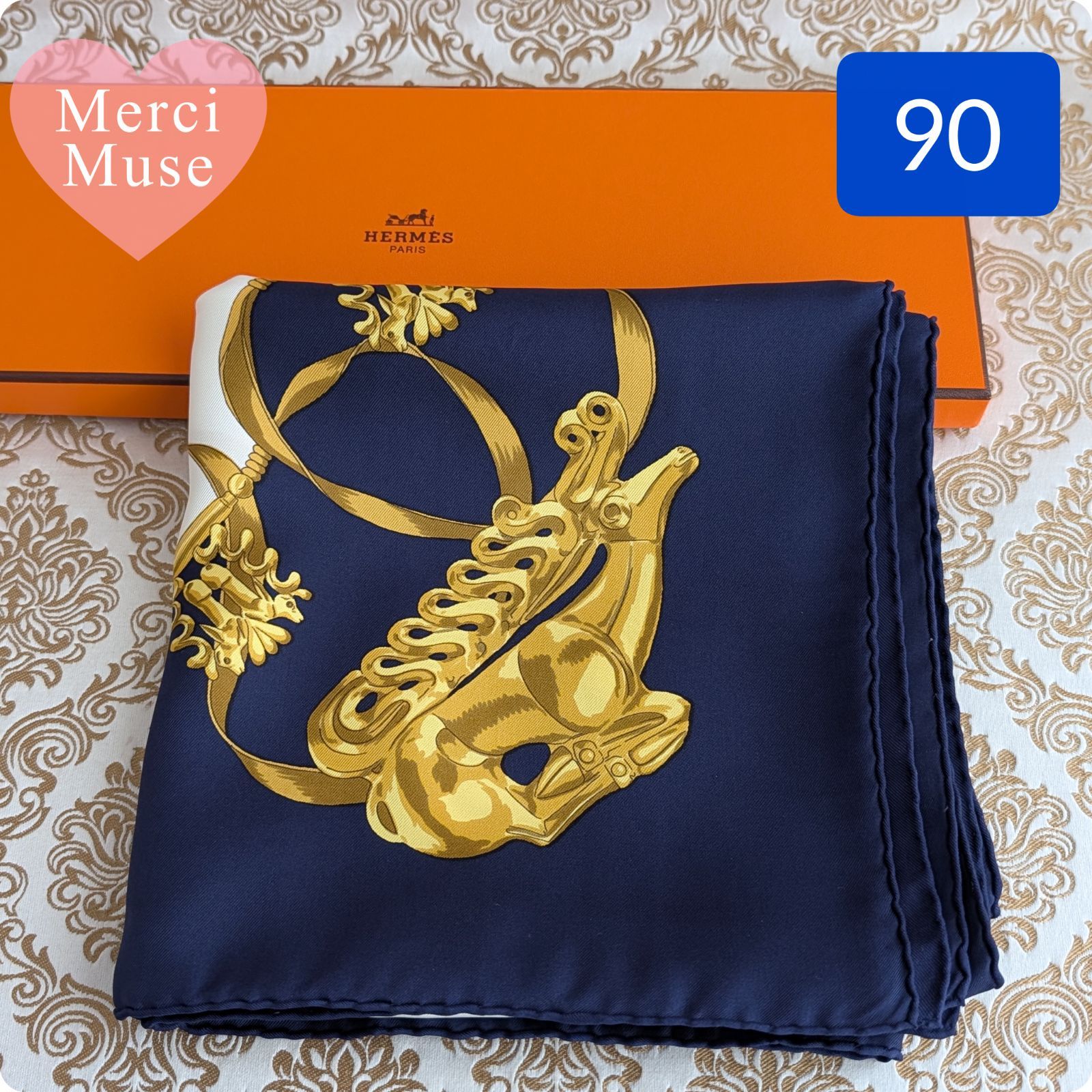 ❤お得なお品❤クリーニング済 エルメス カレ90 ダークネイビー