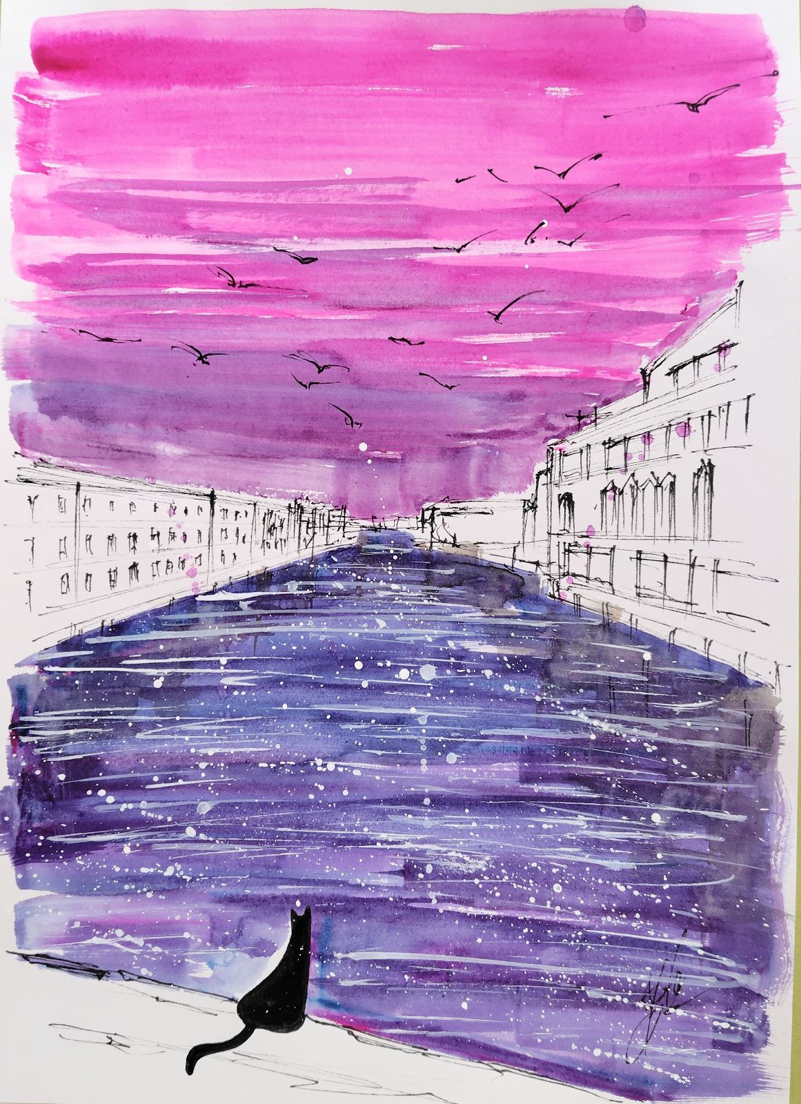 原画#464 黒猫 猫 ベネチア イタリア 水彩画 ドローイング アート