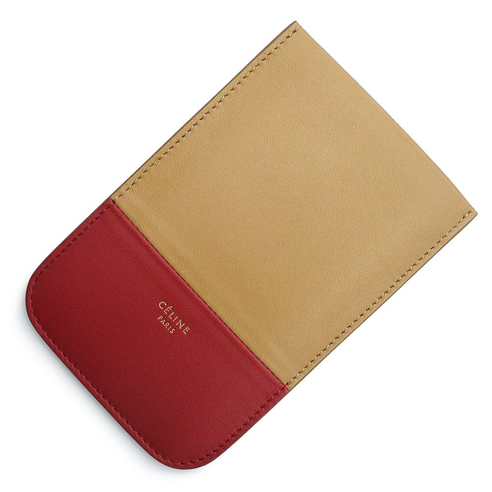 セリーヌ 102783HTM フォン ポーチ レザー バイカラー キャメル レッド 携帯 スマホ スマートフォンケース マルチケース CELINE（未使用　展示品）