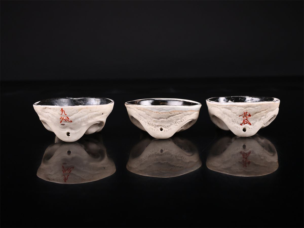時代 【古九谷焼】 お多福絵 鬼面 ぐい呑 盃 3点セット／美品！CR104