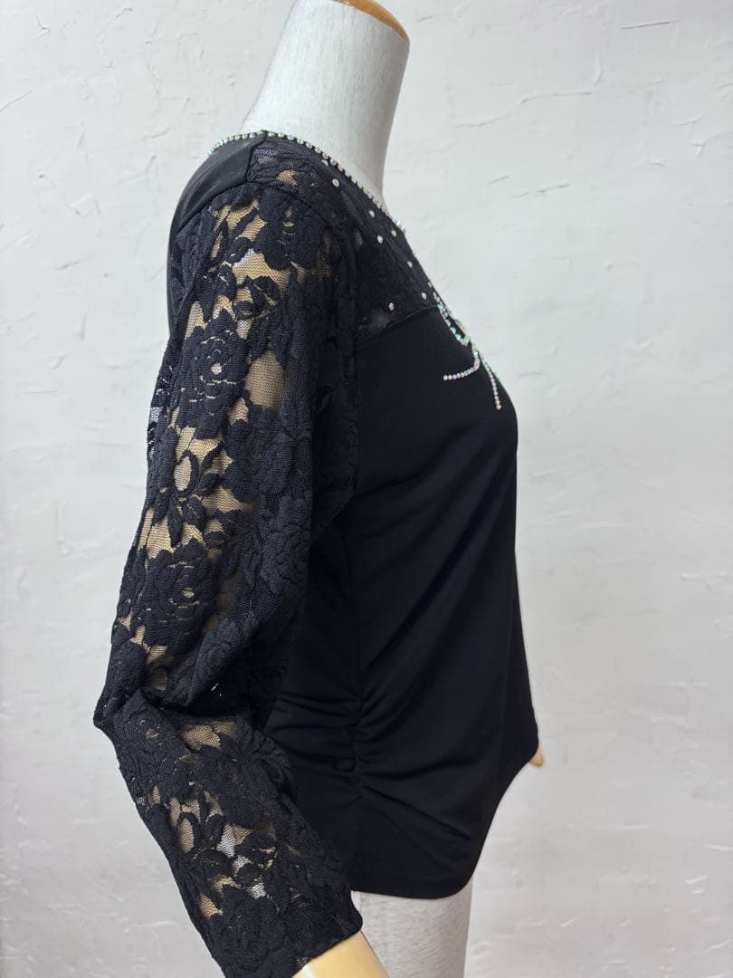 【極美品】新品　LL　高級ラインストーン 社交ダンストップス 黒 レース b08 極美品】新品 LL 高級ラインストーン 社交ダンストップス 黒 レース