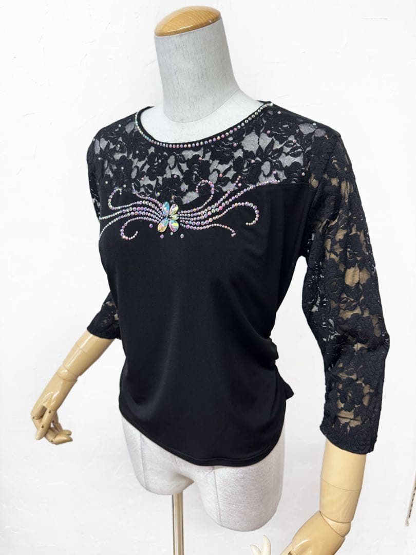 【極美品】新品　LL　高級ラインストーン 社交ダンストップス 黒 レース b08 極美品】新品 LL 高級ラインストーン 社交ダンストップス 黒 レース