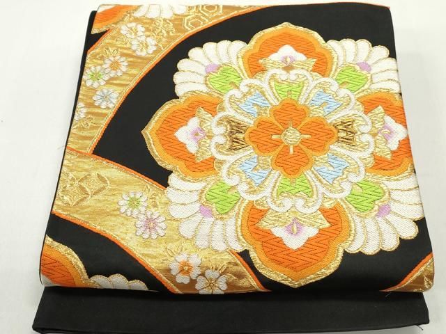 平和屋着物◎六通柄袋帯 唐織 正倉院花文 黒地 金糸 正絹 逸品