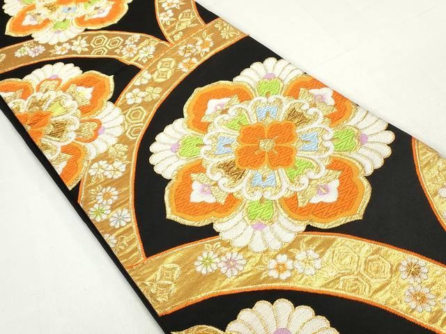 平和屋着物◎六通柄袋帯 唐織 正倉院花文 黒地 金糸 正絹 逸品