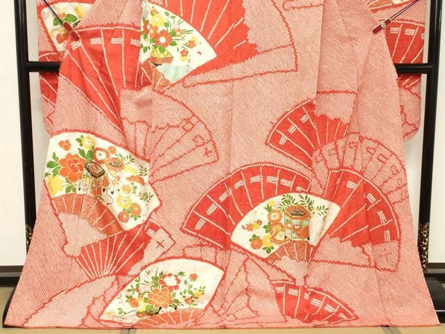 平和屋着物○豪華振袖 絞り 扇面草花文 正絹 逸品 DABC2587ud 【公式通販】