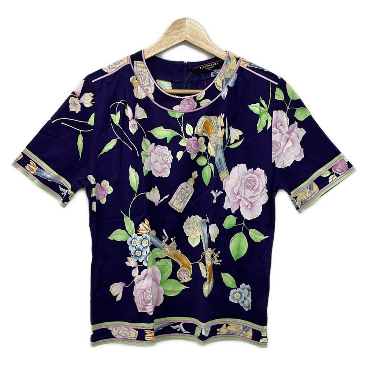 レオナール　シルク100％　LEONARD Tシャツ 半袖 花柄　サイズ42　紺 LEONARD SPORT レオナールスポーツ 花柄 フラワー 半袖シャツ XL