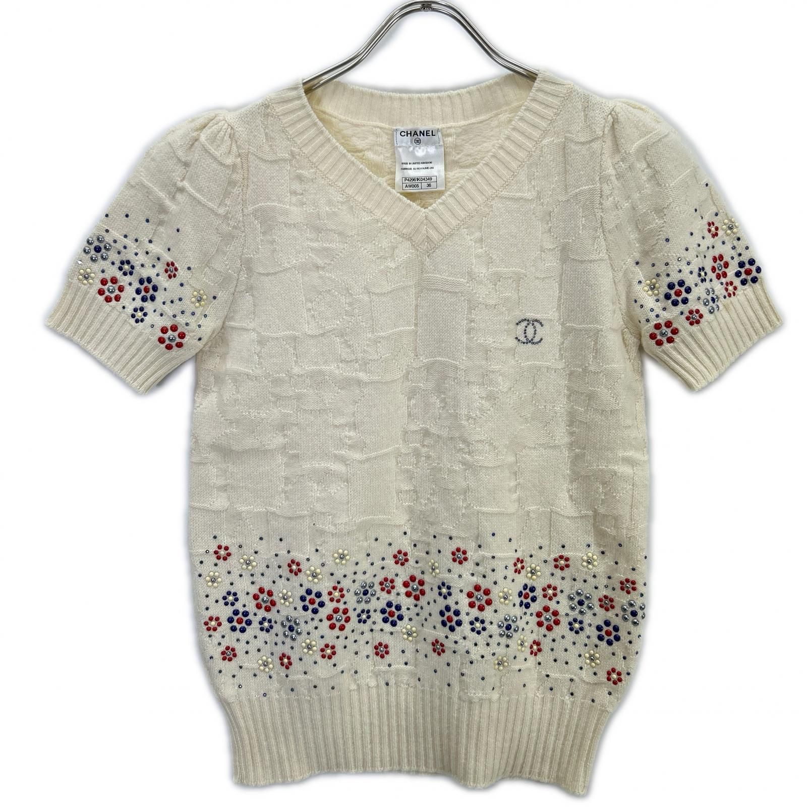 CHANEL 半袖カシミヤ&シルクセーター CHANEL シャネル P42961 ココマーク カシミアウール ビジュー ライン