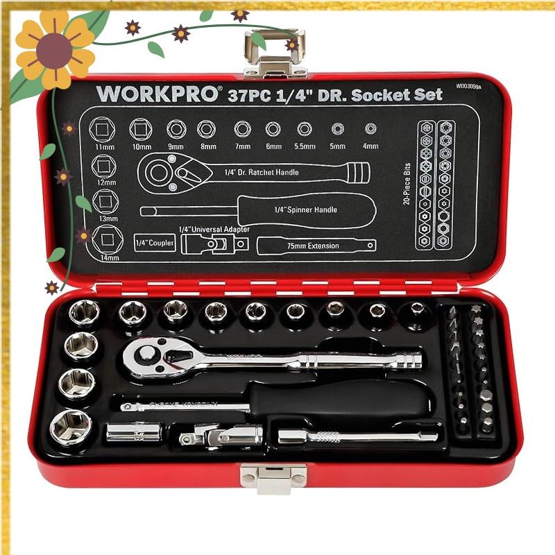 WORKPRO ソケットレンチセット ガレージツールセット ラチェットレンチ 差込角6.35mm（1/4インチ） クイックリリースラチェットハンドル 工具 道具 セット 37点組【鉄製ケース付属】 1