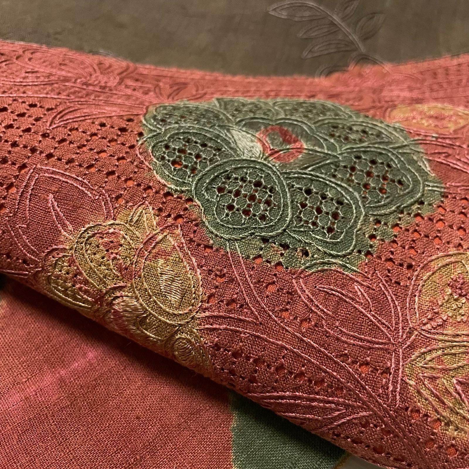 汕頭刺繍 蘇州刺繍 名古屋帯 草木染 花唐草 九寸 正絹 着物 X-761