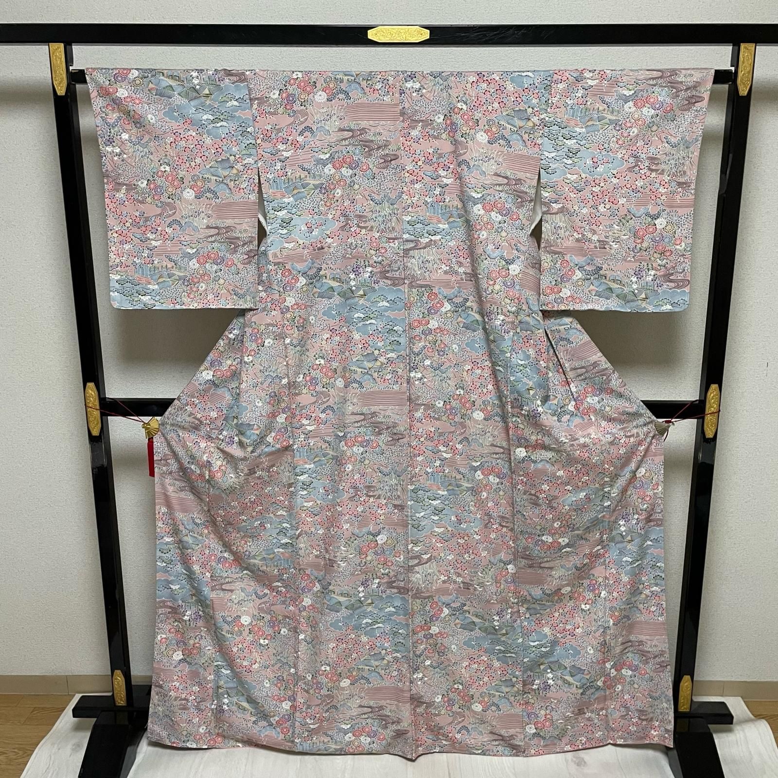 小紋 ちりめん 風景に花模様 着物 正絹 X-786 - メルカリ