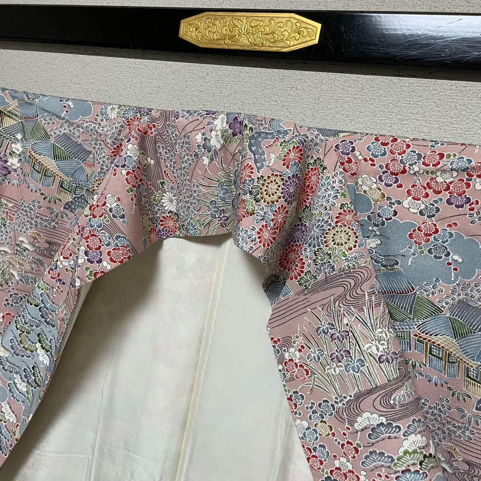 小紋 ちりめん 風景に花模様 着物 正絹 X-786 - メルカリ