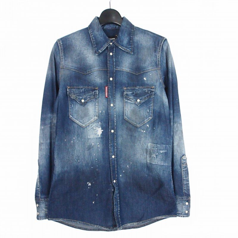 DSQUARED2 24SS デニムシャツ ウエスタンシャツ ダメージ加工 48 ディースクエアード DSQUARED2 24SS FASHION WESTERN SHIRT ウエスタン