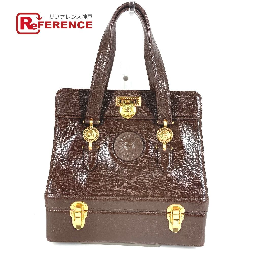美品 VERSACE ヴェルサーチ バニティ ハンドバッグ サンバースト レザー VERSACE ヴェルサーチ ハンドバッグ サンバースト レザー ブラウン