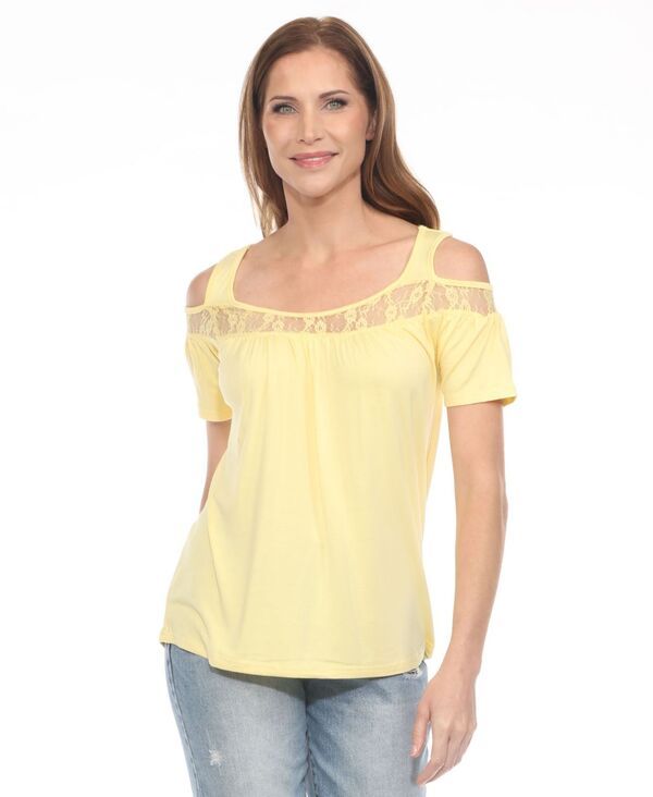 ホワイトマーク レディース トップス シャツ レーストリム レース ニット White Mark Womens Cold Shoulder Lace Trim Knitop Yellow イエロー