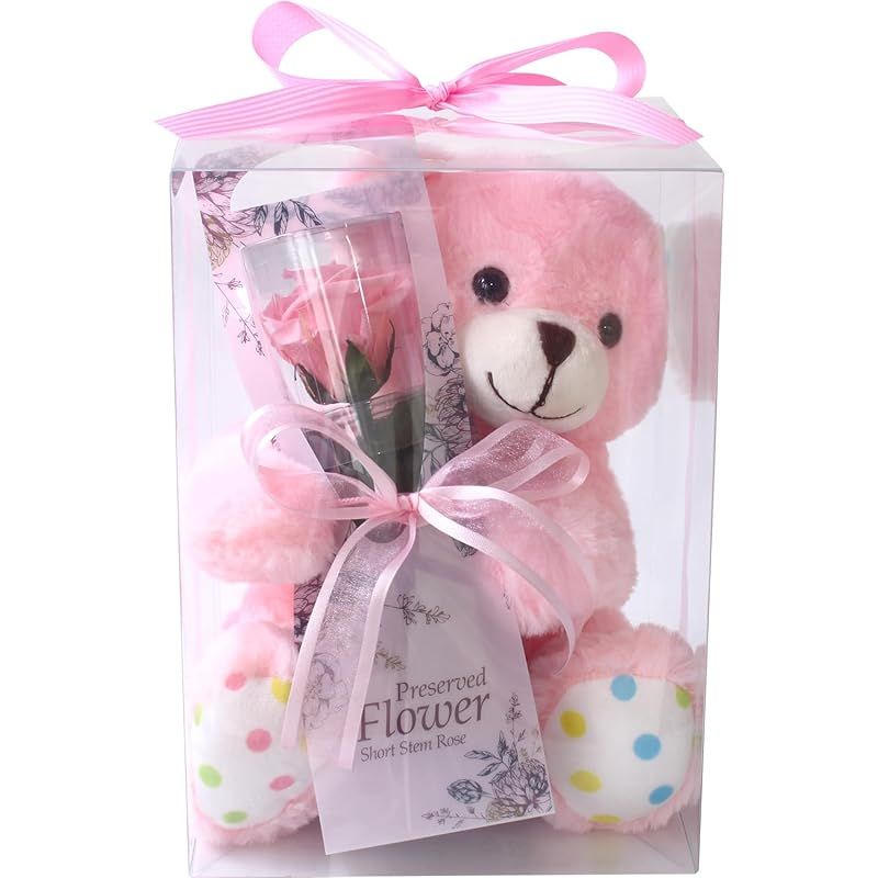 プリザーブドフラワー プリザードフラワー クリアケースL ピンクのクマさんと一輪の薔薇 ピンク プレゼント お祝い 記念日 誕生日 アレンジ フラワーギフト フラワーアレンジメント 枯れないバラ 花 女性 くま 母の日 プレゼント 花 1