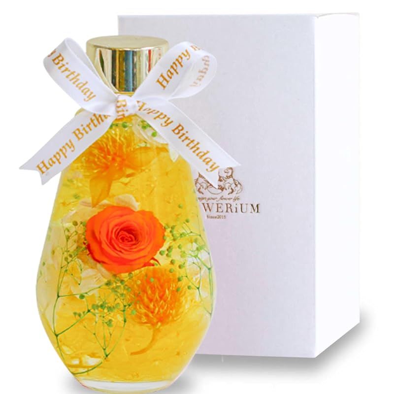 FLOWERiUM ハーバリウム 誕生日 プレゼント ギフト 贈り物 2026 フラワーギフト 日本製 花 flower 女性 彼女 妻 母親 お祝い 誕生日プレゼント フラワリウム ドロップボトル バースデイリボン (オレンジ バラ ×イエロー)