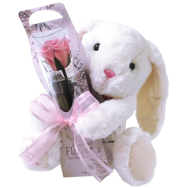 プリザーブドフラワー プリザードフラワー ウサさんと一輪の薔薇 ピンク プレゼント お祝い 記念日 誕生日 アレンジ うさぎ 花束 フラワーギフト フラワーアレンジメント 枯れないバラ 花 女性 母の日 プレゼント 花 0