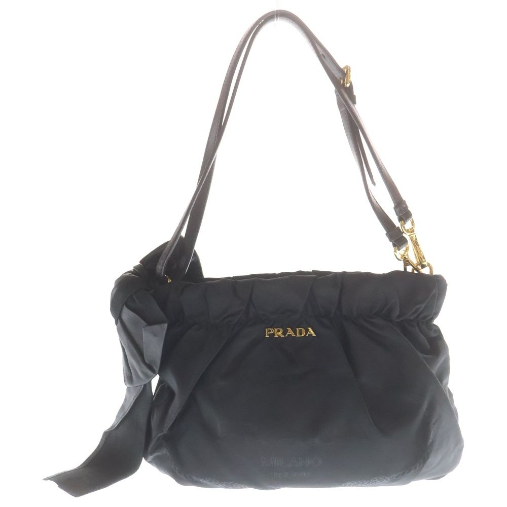 PRADA プラダ リボン ハンドバッグ ショルダーバッグ ブラック ナイロン×レザー ゴールド金具 PRADA (プラダ) リボン ハンドバッグ ショルダーバッグ ブラック