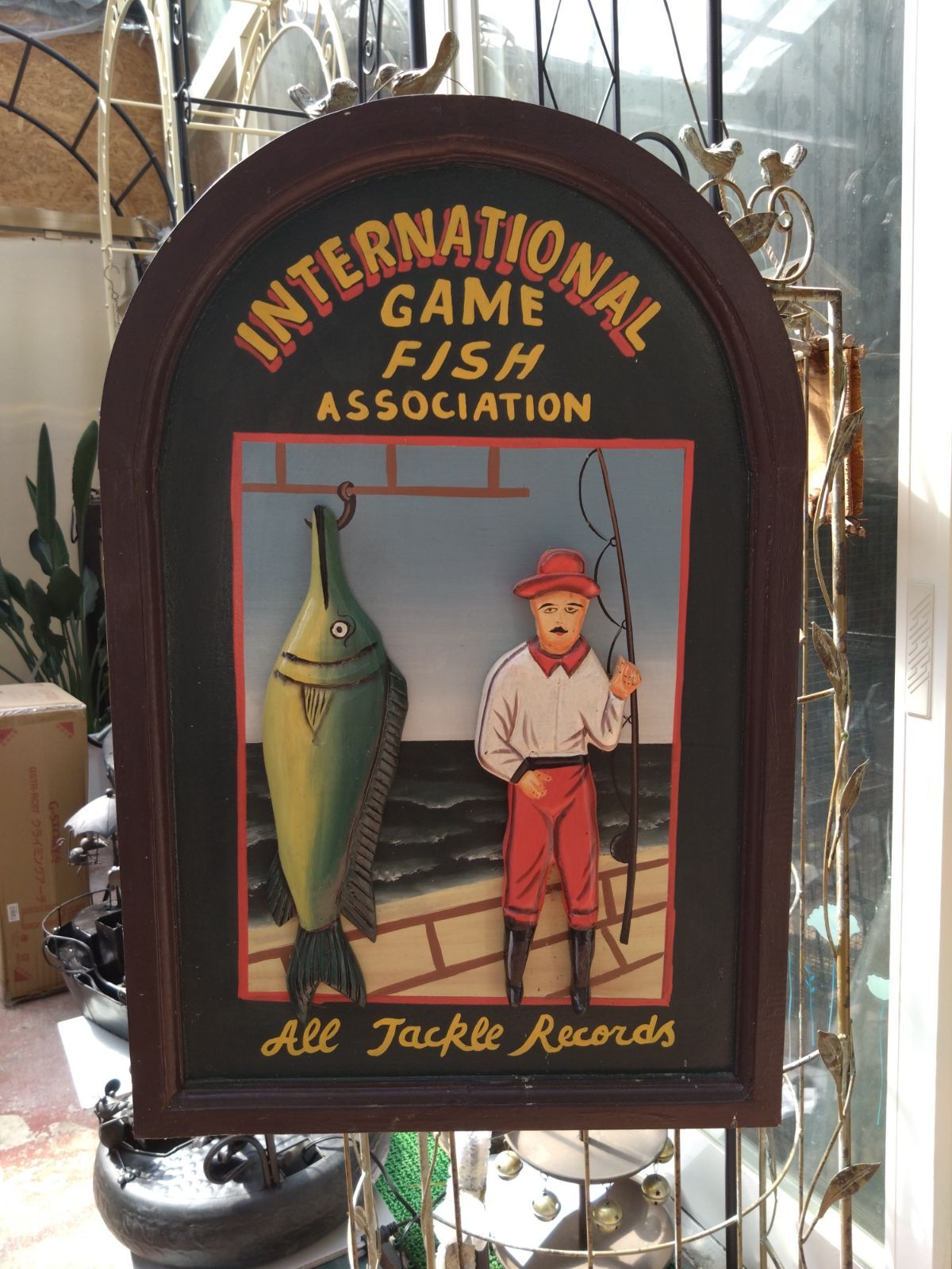 レトロ 木製看板 フィッシング 釣り人 魚 立体装飾 カフェ 店舗用 
