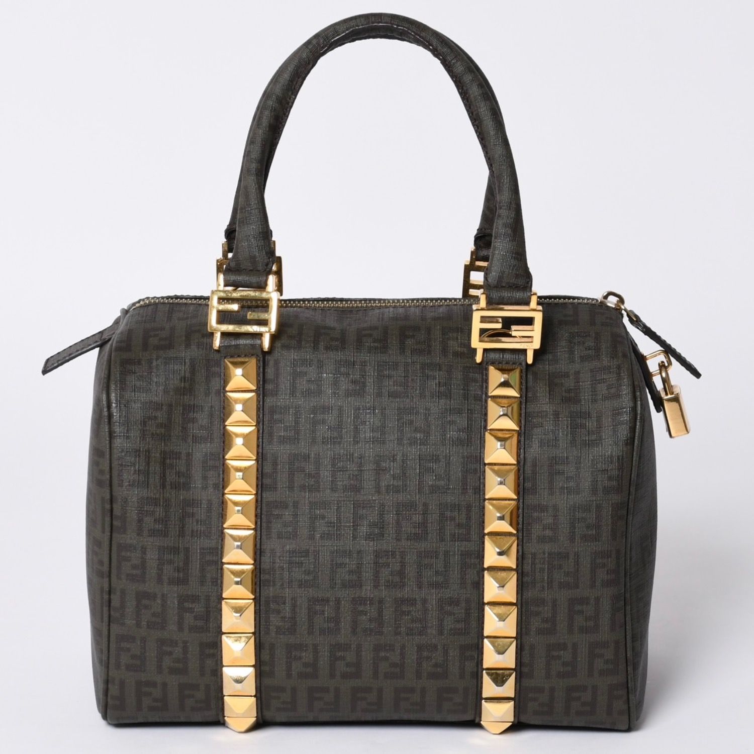 【FENDI】ボストンバッグ　ズッカ柄　ゴールド金具　PVC ブラウン　ブラック FENDI フェンディ ボストンバッグ ズッカ柄 キャンバス レザー