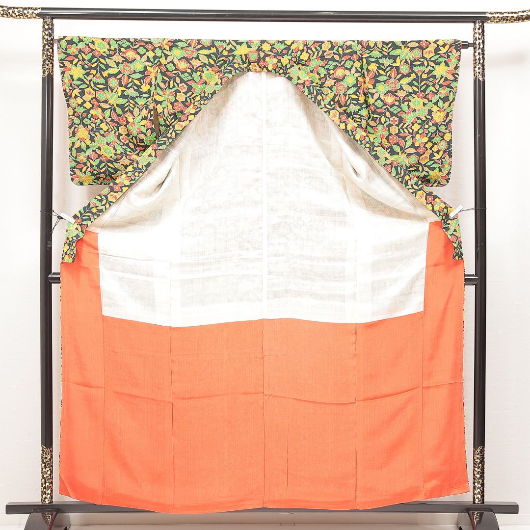 「縁」148ｃｍ～154ｃｍ 単衣 ちりめん地 小紋 正絹 Ｃ３８８ 縁」148cm～154cm ちりめん地 刺繍柄 付下げ 訪問着 正絹 B539
