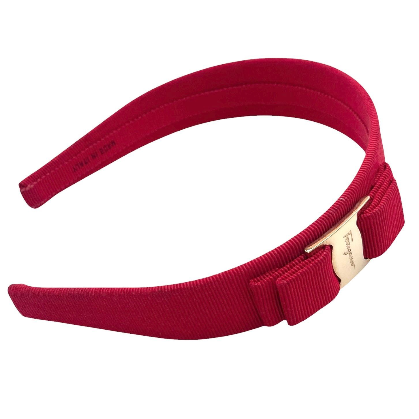美品 Salvatore Ferragamo サルヴァトーレフェラガモ カチューシャ レッド ヴァラリボン ロゴ ヘアアクセサリー イタリア製